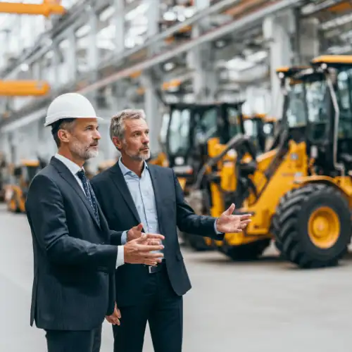 Geschäftsmann in einer Fabrikhalle.