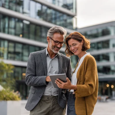 Mitarbeiter vor einem Unternehmen