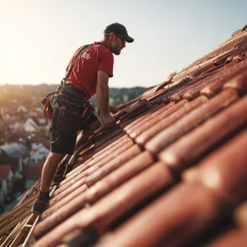 Dachdecker auf einem Spitzdach.