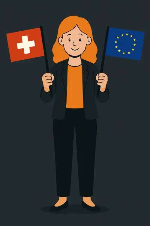 Grafische Darstellung einer Frau mit Schweizer und EU-Flagge.