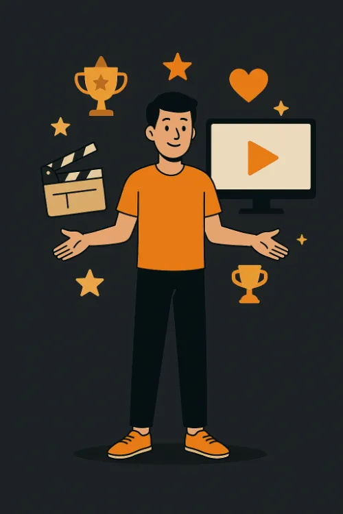 Fröhlicher Mann vor Monitor mit Play-Button