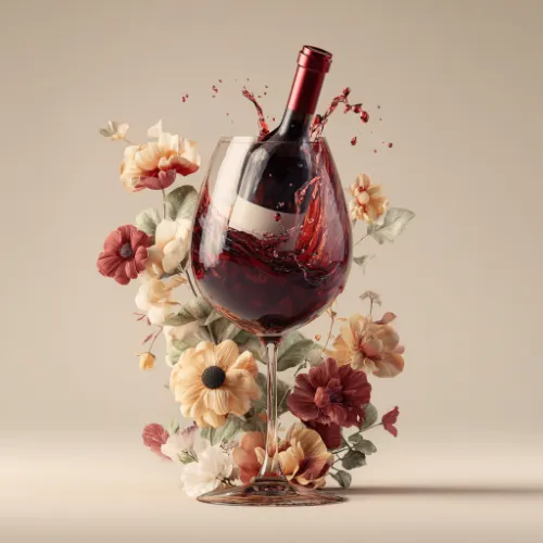 Weinflasche in einem Weinglas mit Blüten dekoriert.
